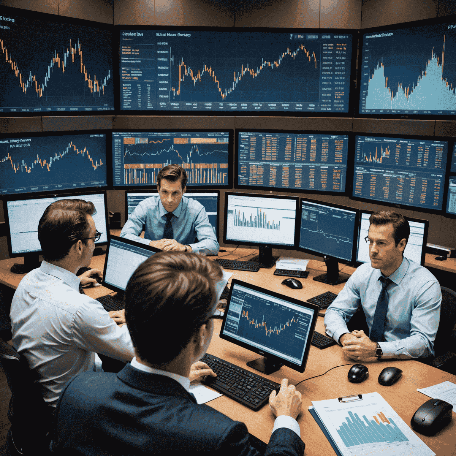 Breaking financial news image showing stock market charts and business professionals analyzing data