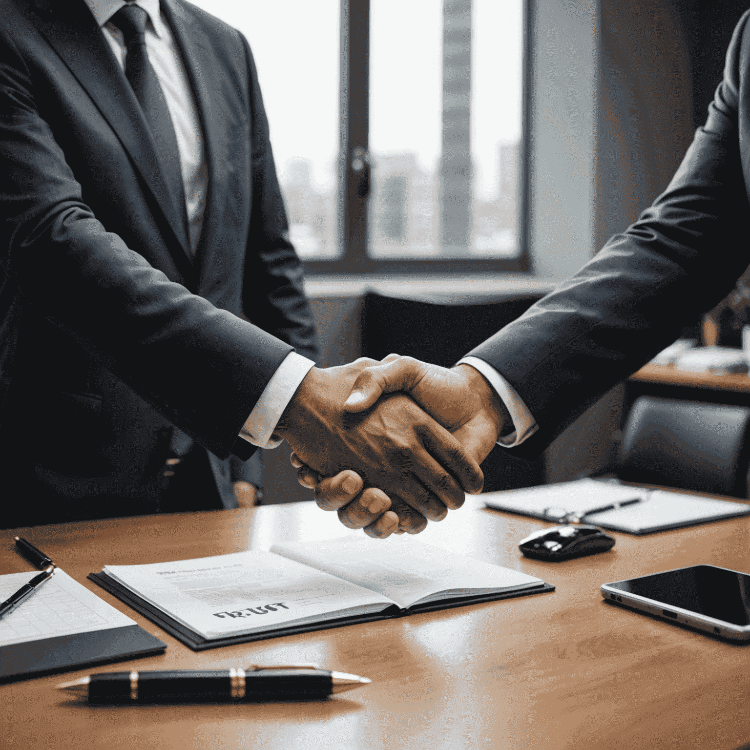 A handshake between a client and a trust advisor, symbolizing trust and partnership in managing assets