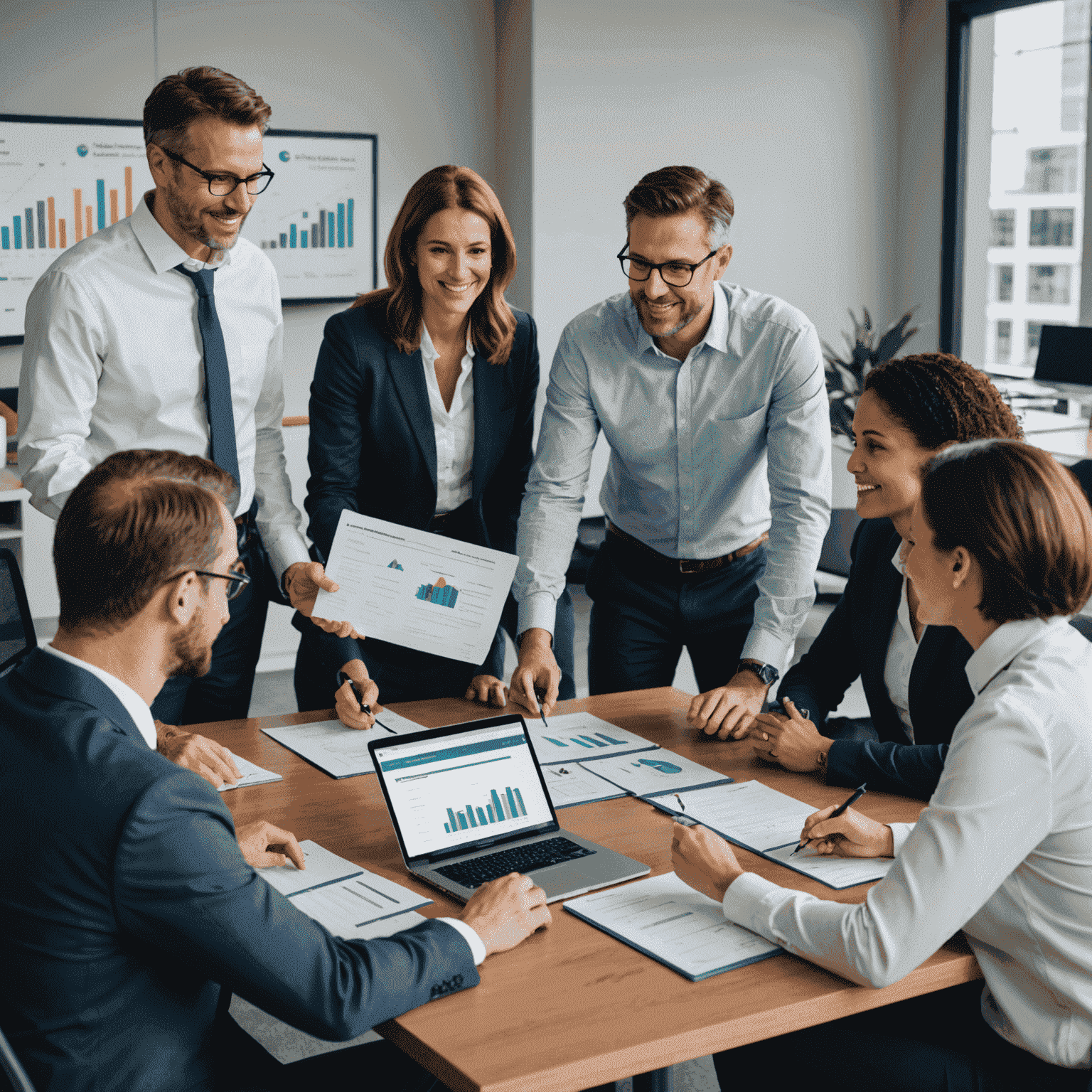 A professional team of trust advisors from CoreFirst Trust & Service discussing a financial plan with a client. The image shows a diverse group of experts seated around a table with financial documents and digital displays, conveying a sense of expertise, collaboration, and personalized service.