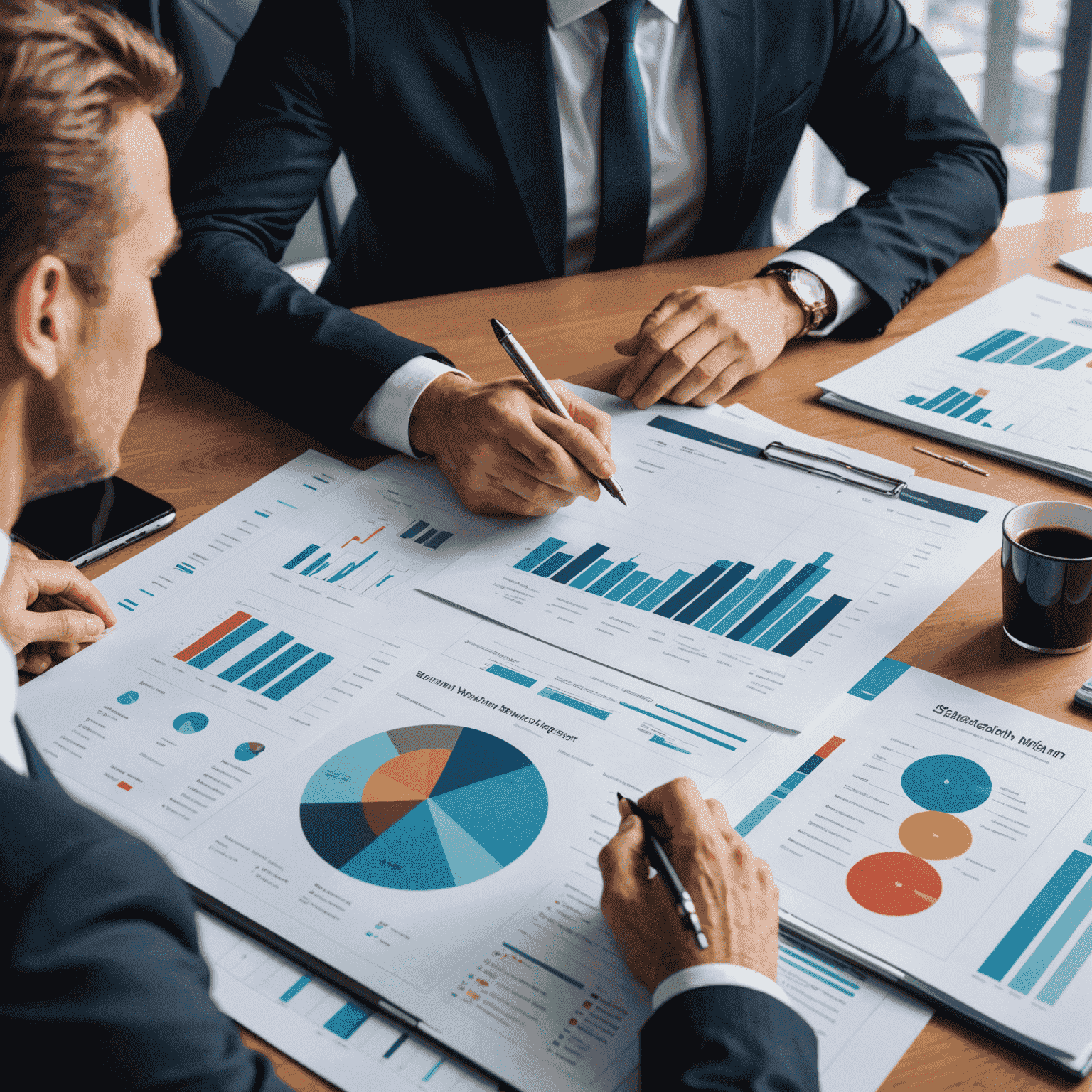A professional wealth manager discussing financial strategies with a client in a modern office setting. The image shows charts, graphs, and financial documents spread across a sleek desk, symbolizing personalized wealth management strategies.