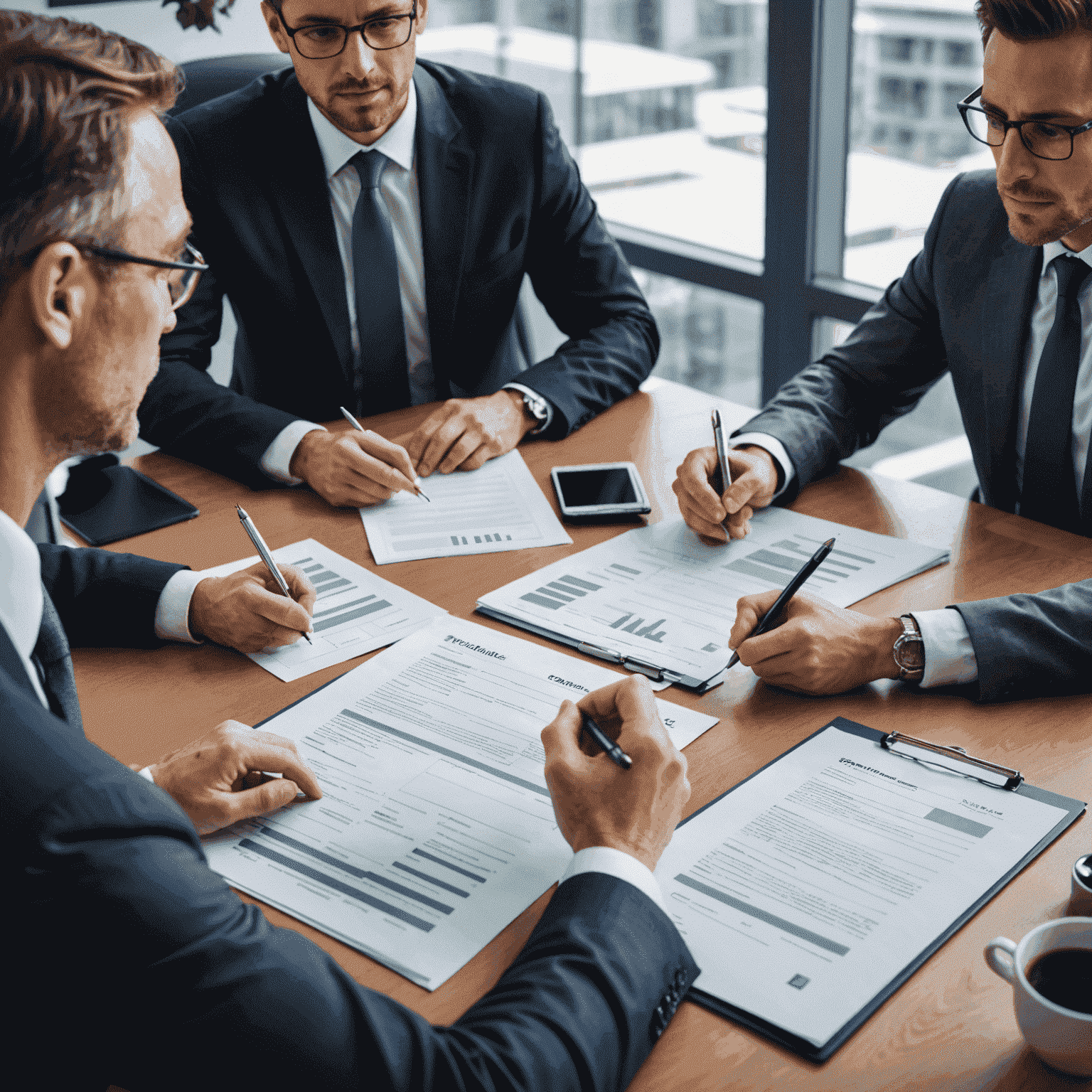 A professional team of fiduciaries reviewing financial documents and discussing strategies to protect client interests