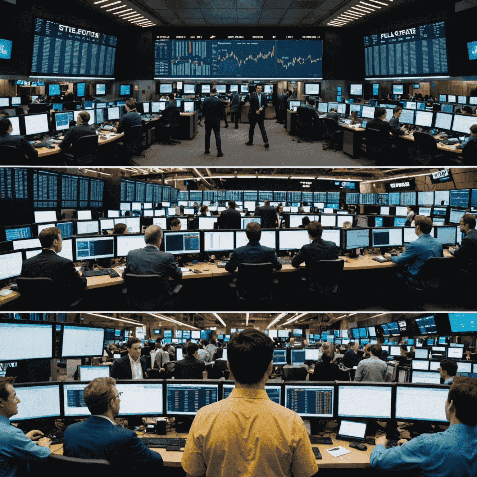 A split screen showing trading floors in New York, London, and Tokyo with traders reacting to the market changes