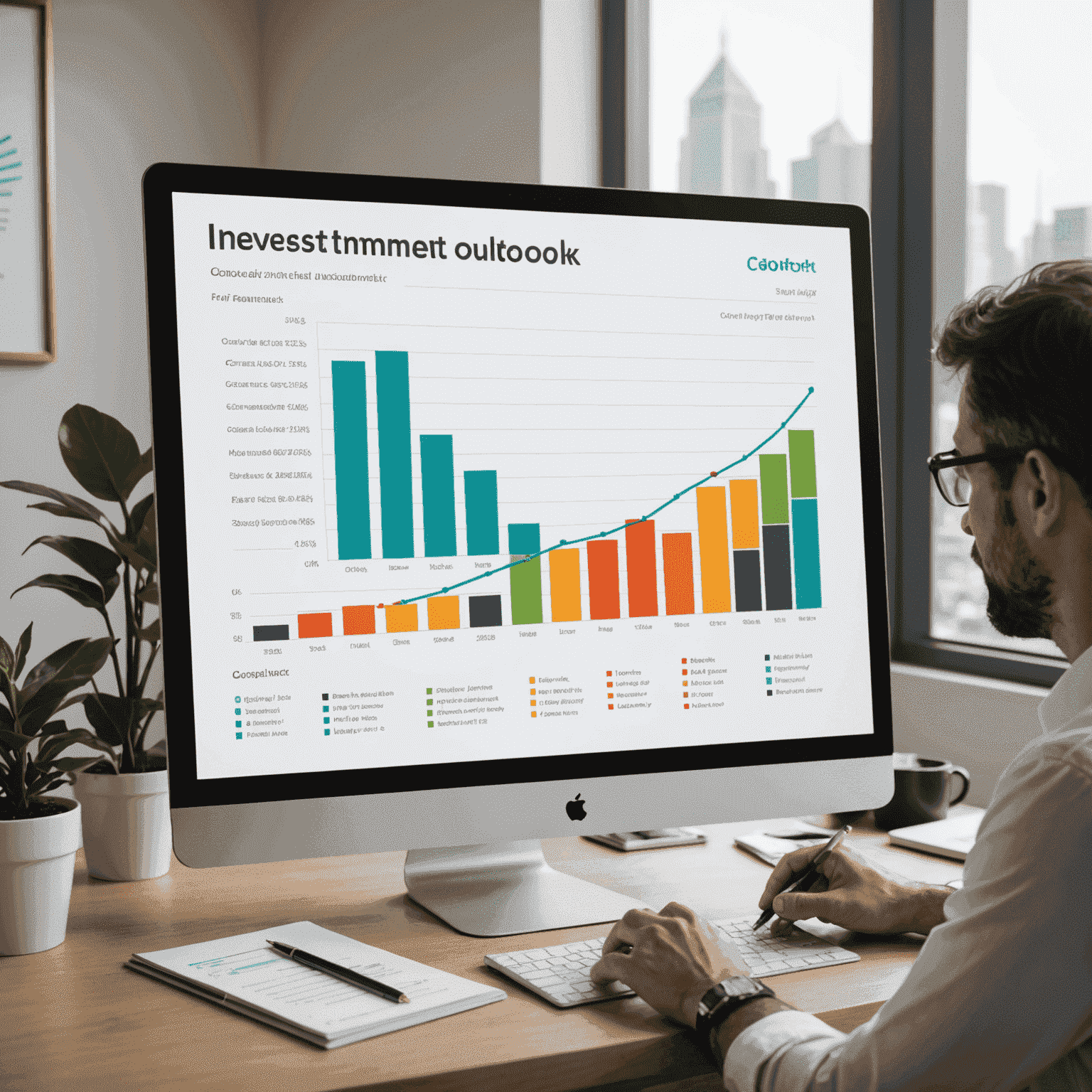 Investment outlook image showing a growth chart, diverse portfolio icons, and a CoreFirst advisor presenting to clients
