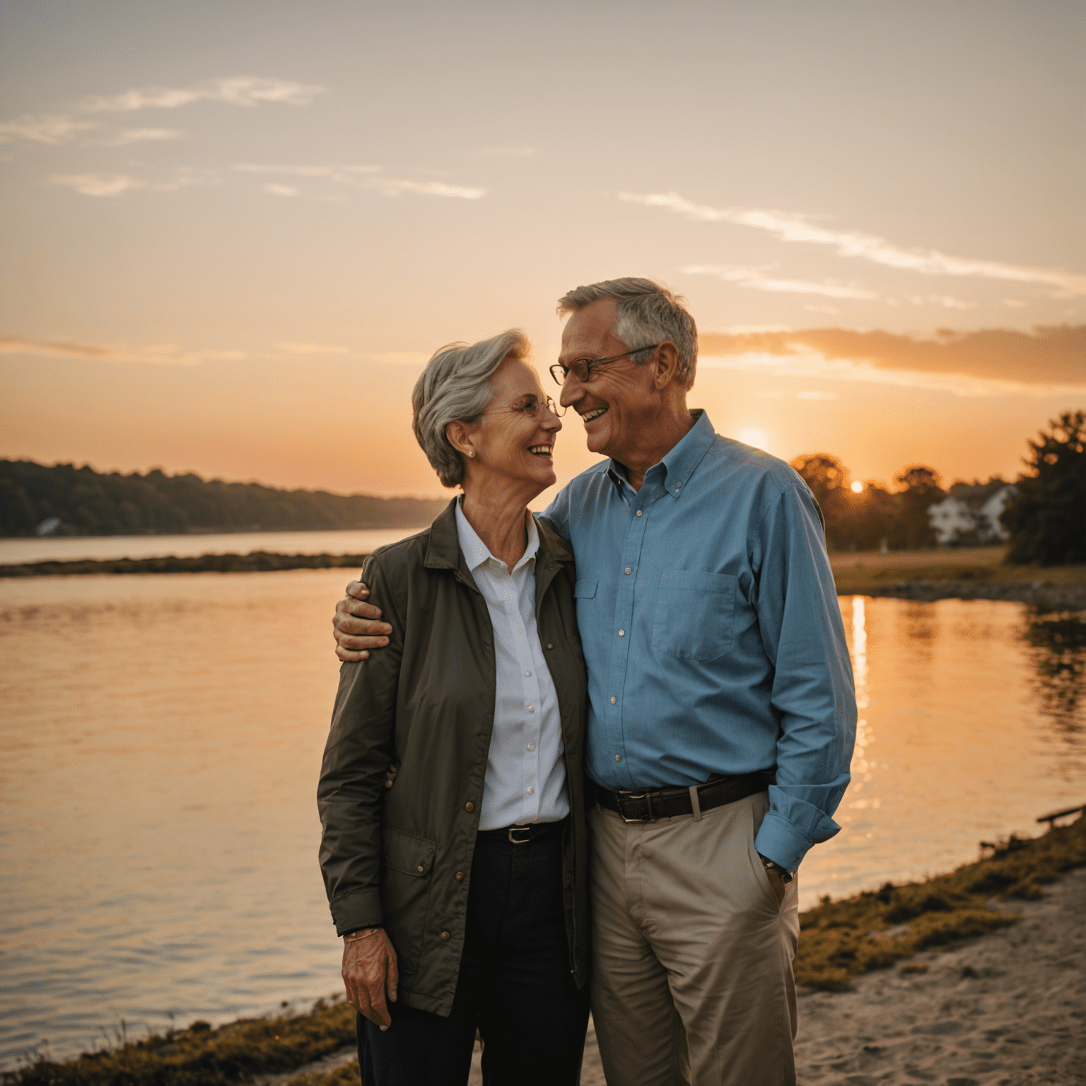 A happy retired couple enjoying sunset, representing successful retirement planning with CoreFirst